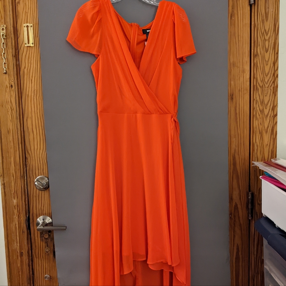 Bright, orange wrap style dress from DKNY